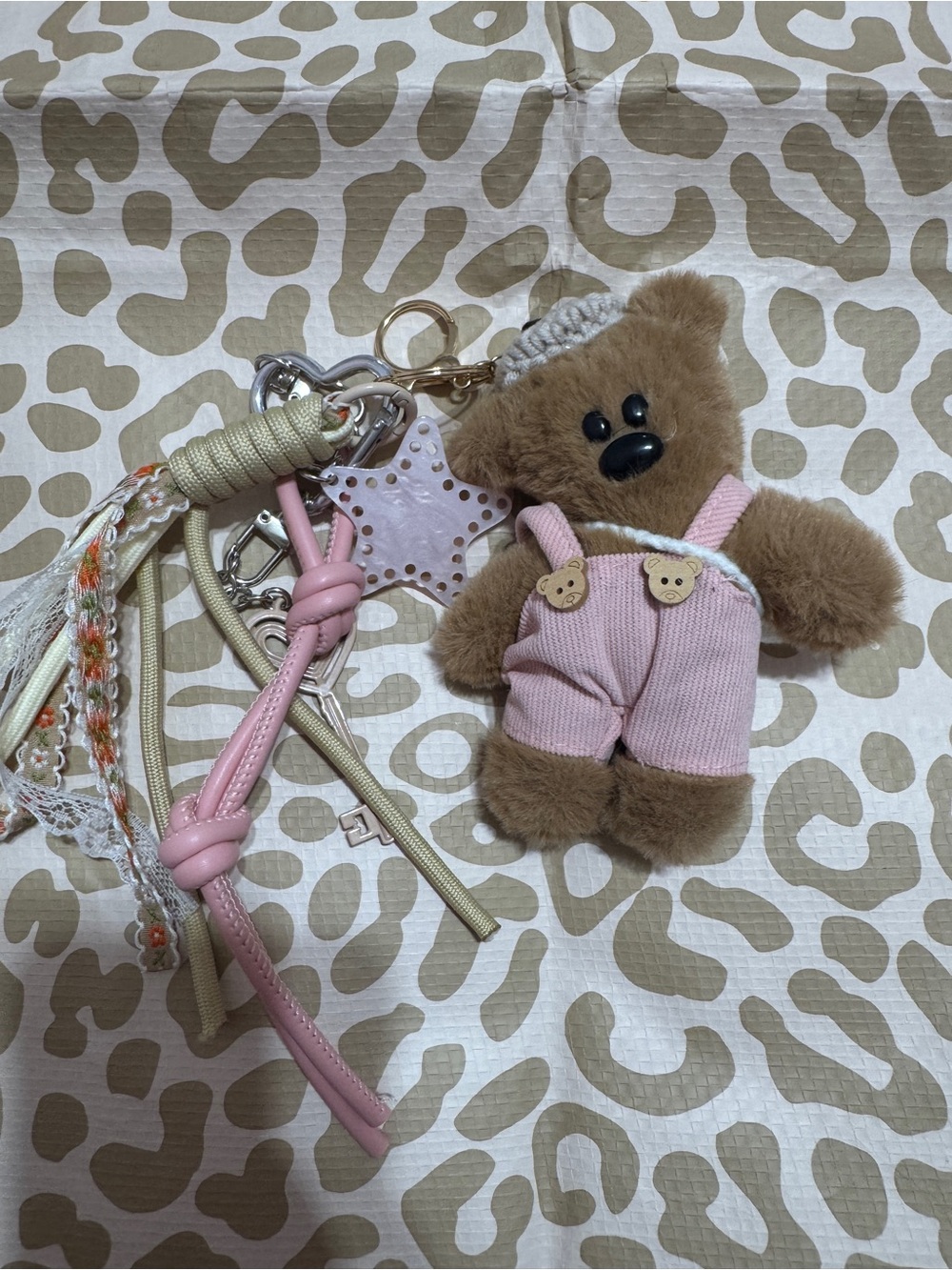 Plush Brown Bear Keychain with Pink Overalls - Kids Toy